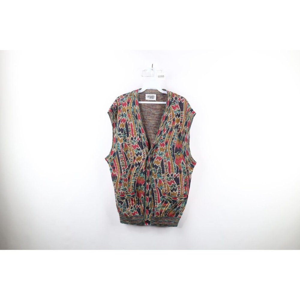 Vintage 90s Missoni Sport Mens 48 Coogi Style Rainbow Knit Cardigan Sweater Vest